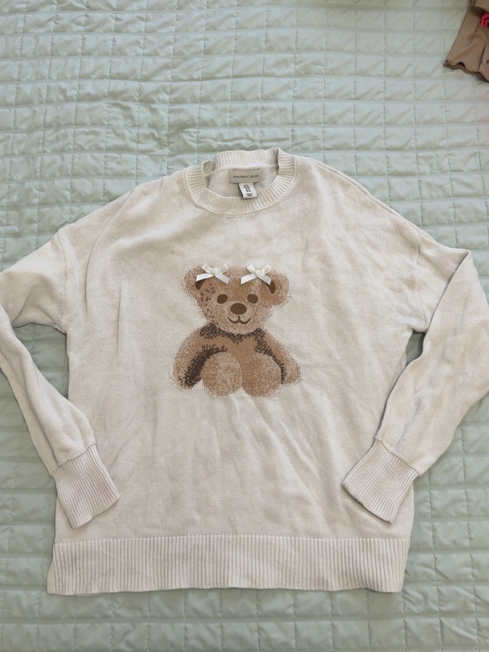 Sincerly Jules Cream Sweater with Brown Teddy Bear Motif